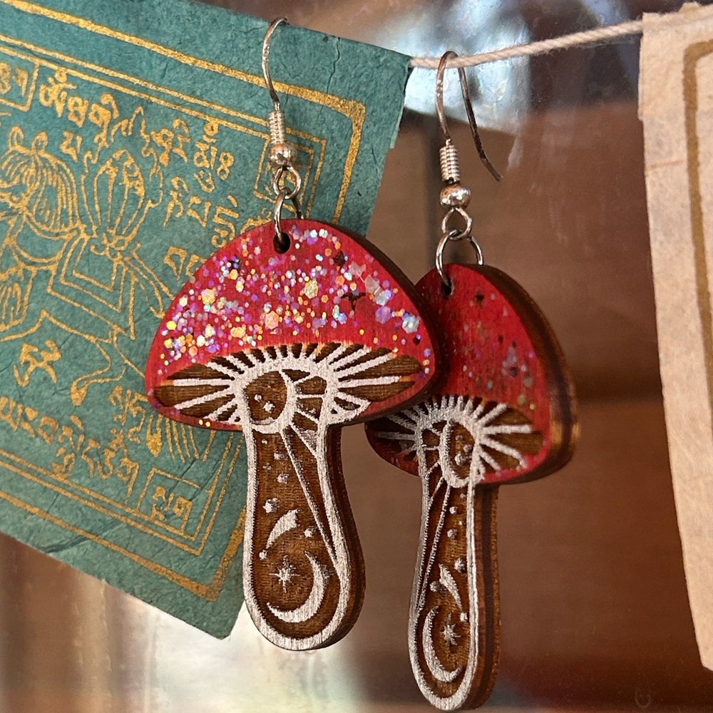 Handmade Wooden Lazer Cut Cosmic Mushroom Earrings